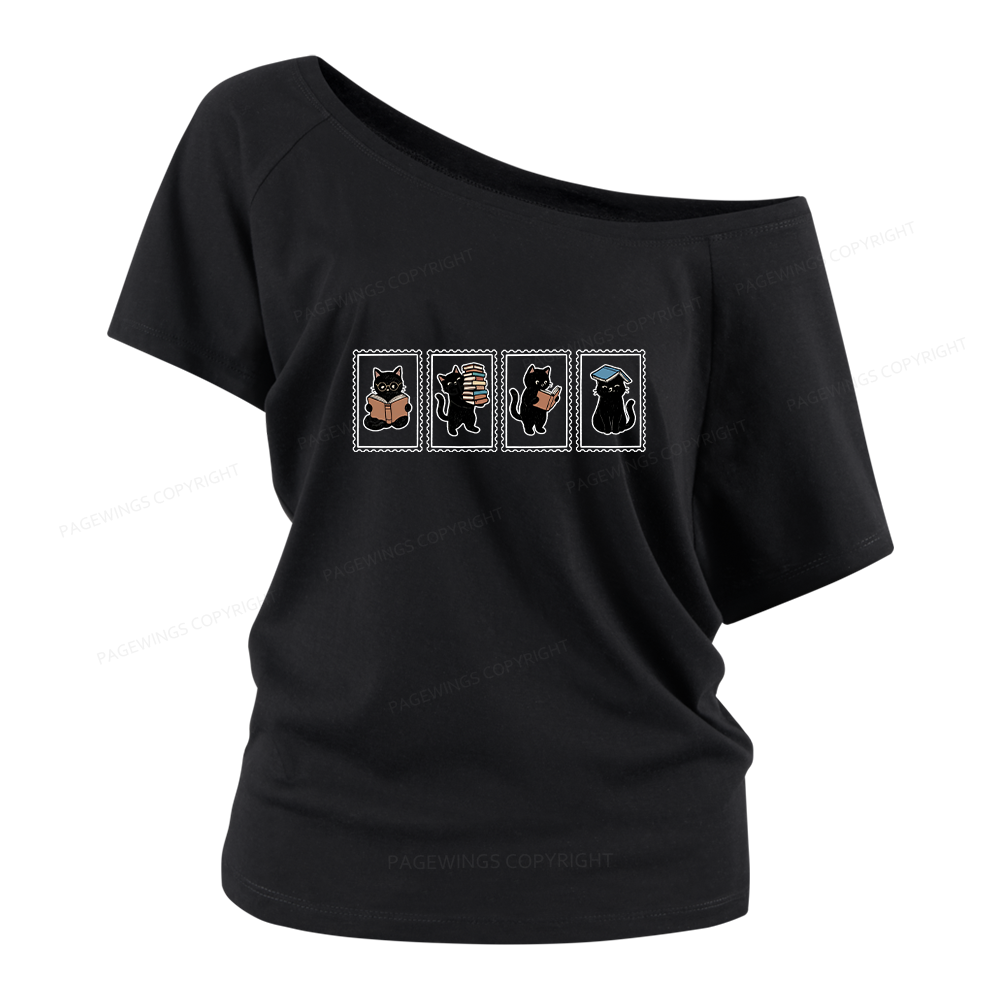 Pagewings Black Cats and Books Women Off Shoulder T-shirts