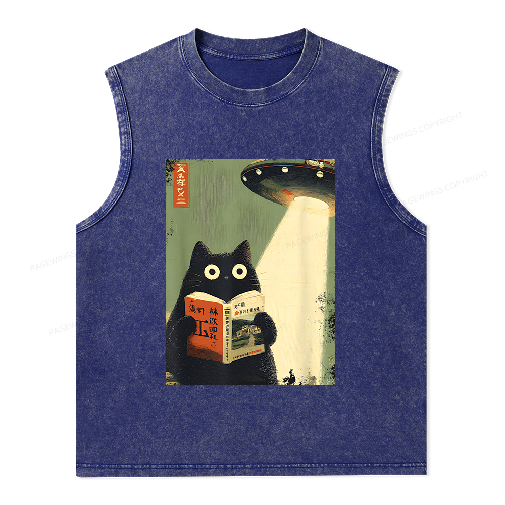 Pagewings Vintage Cat Book Lovers Unisex Washed Tank Top