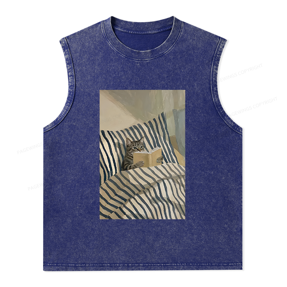 Pagewings Cat Reading Book Unisex Washed Tank Top