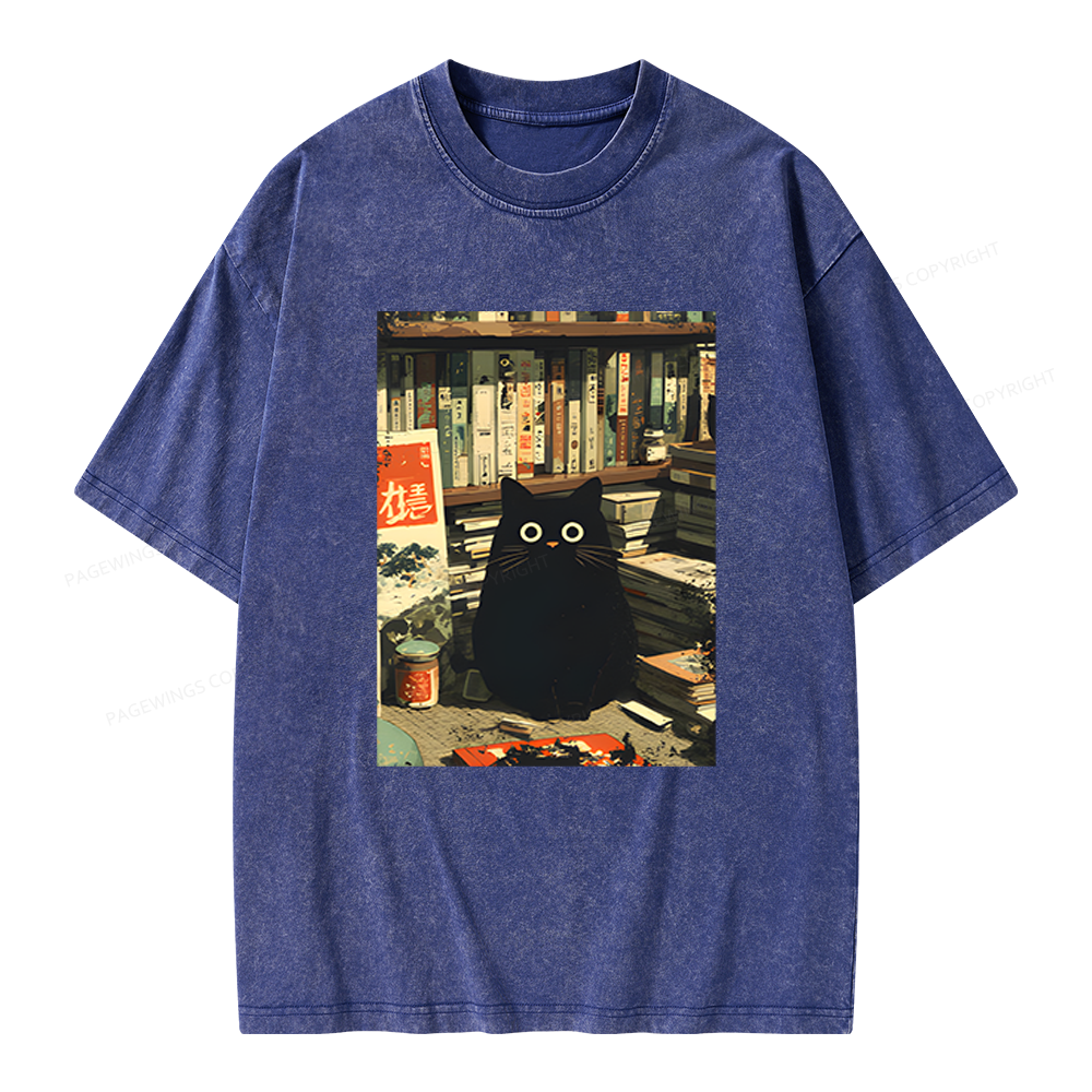 Pagewings Vintage Cat Book Lovers Unisex Washed T-shirt