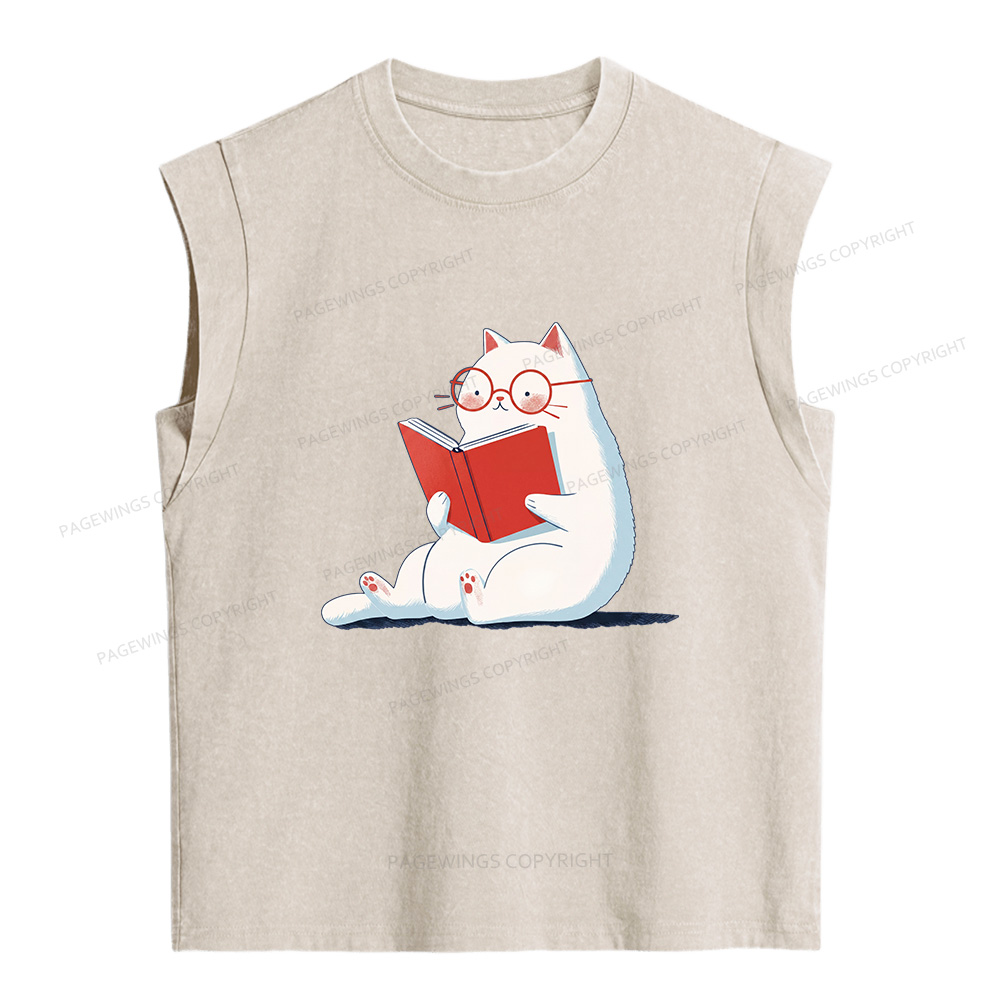 Pagewings Cat Reading Books Women's Washed Tank Top
