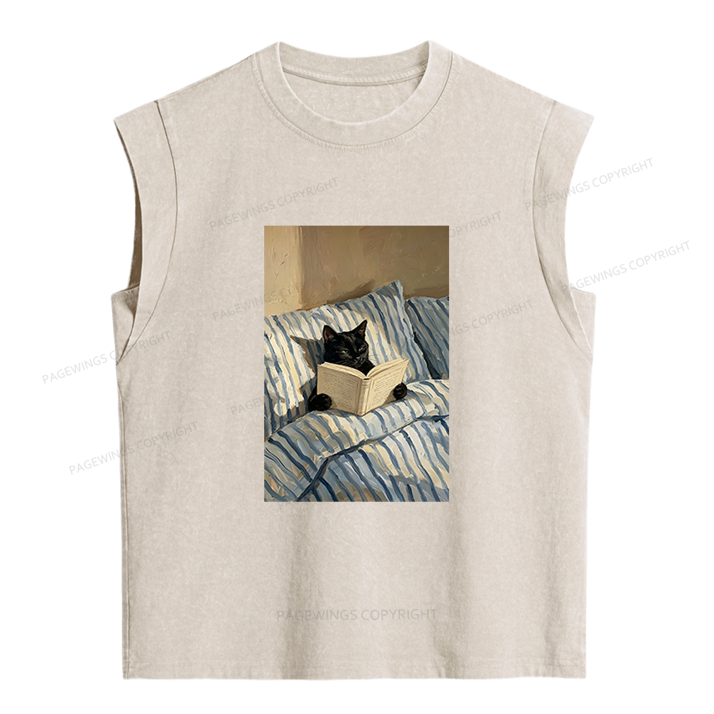 Pagewings Black Cat Reading in Bed Women's Washed Tank Top