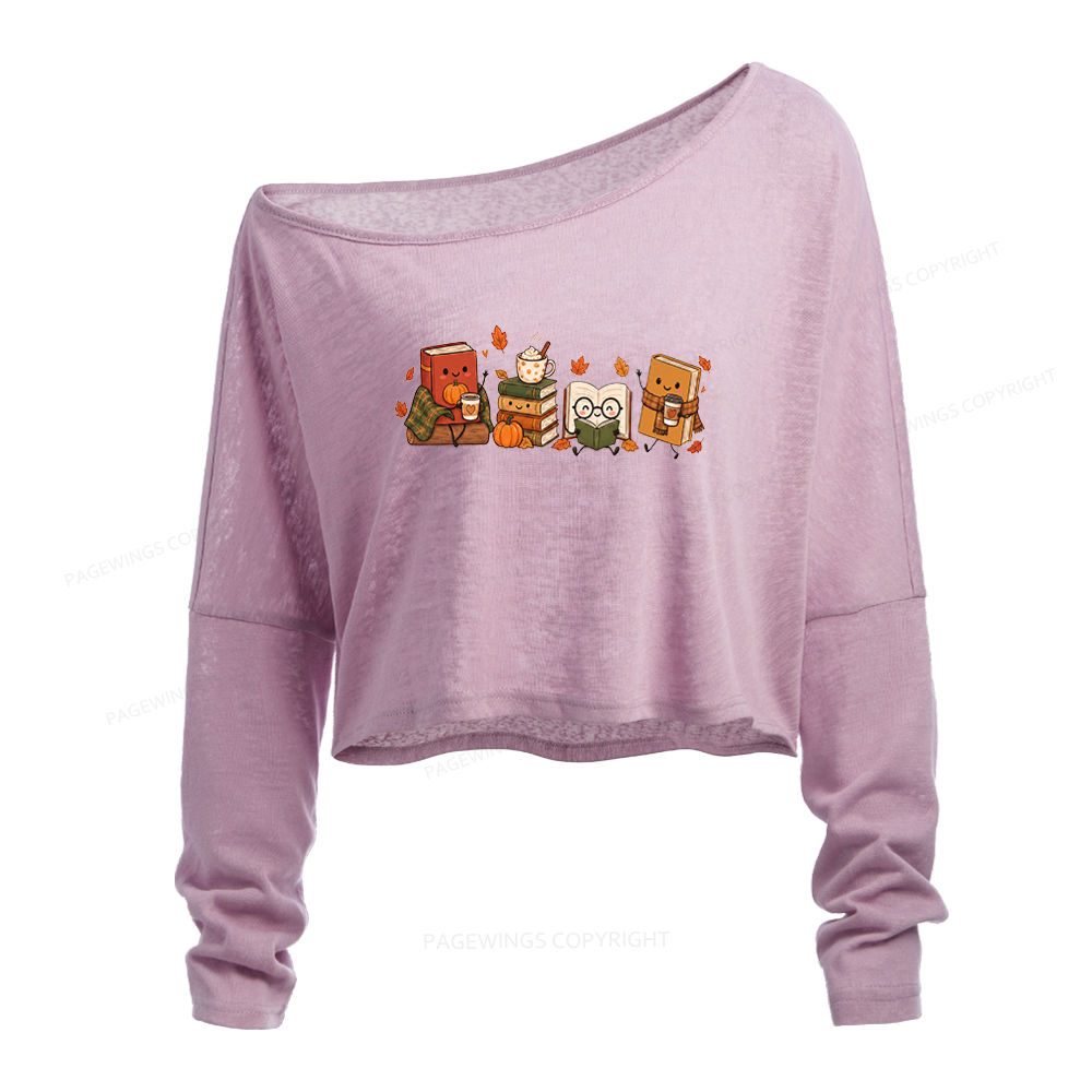 Pagewings Cozy Book Lover Slouchy Long Sleeve Off Shoulder T-shirt