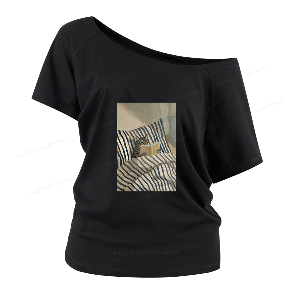 Pagewings Cat Reading Women Off Shoulder T-shirts