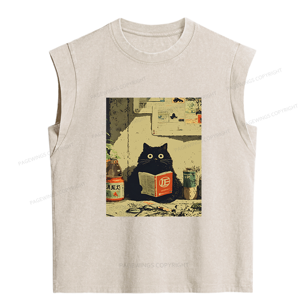 Pagewings Vintage Japanese Cat Book Lovers Women's Washed Tank Top