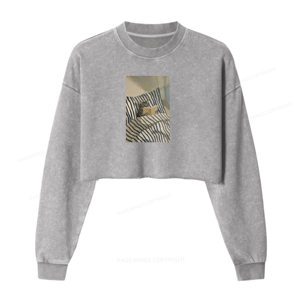 Pagewings Cat Reading Book In Bed Washed Crop Sweatshirt