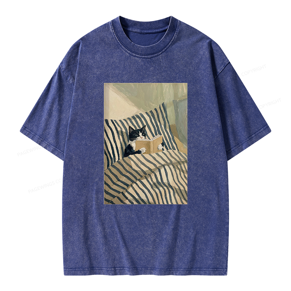 Pagewings Cat Reading Book Unisex Washed T-shirt