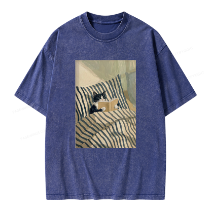 Pagewings Cat Reading Book Unisex Washed T-shirt