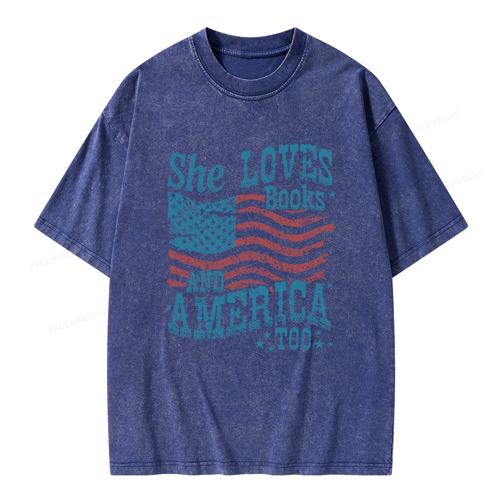 Pagewings She Loves Books And America Too Unisex Washed T-shirt