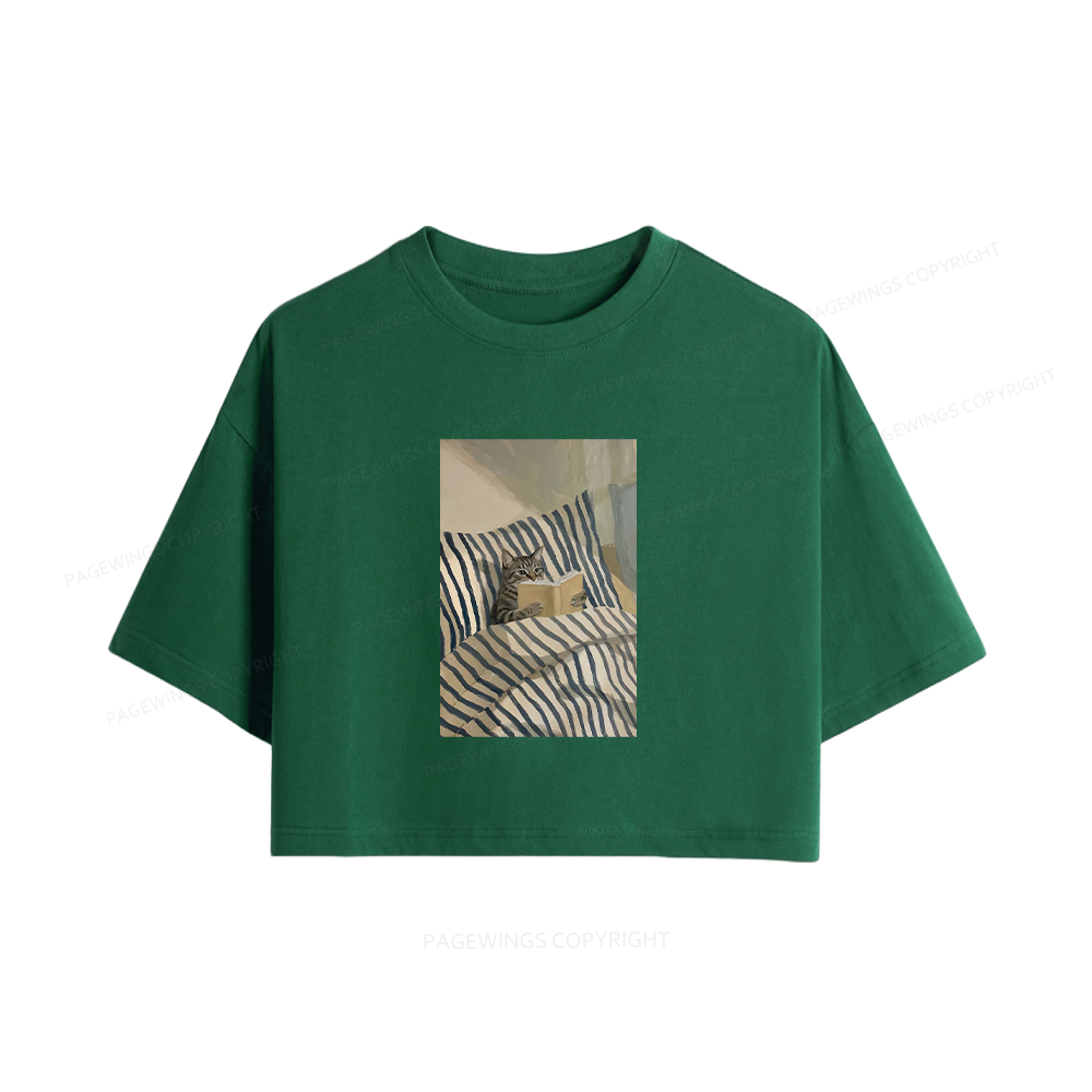 Pagewings Cat Reading Book In Bed Women Crop Tops