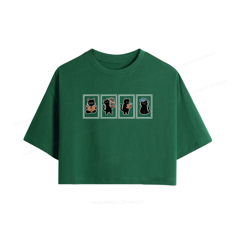 Pagewings Black Cats and Books Women Crop Tops