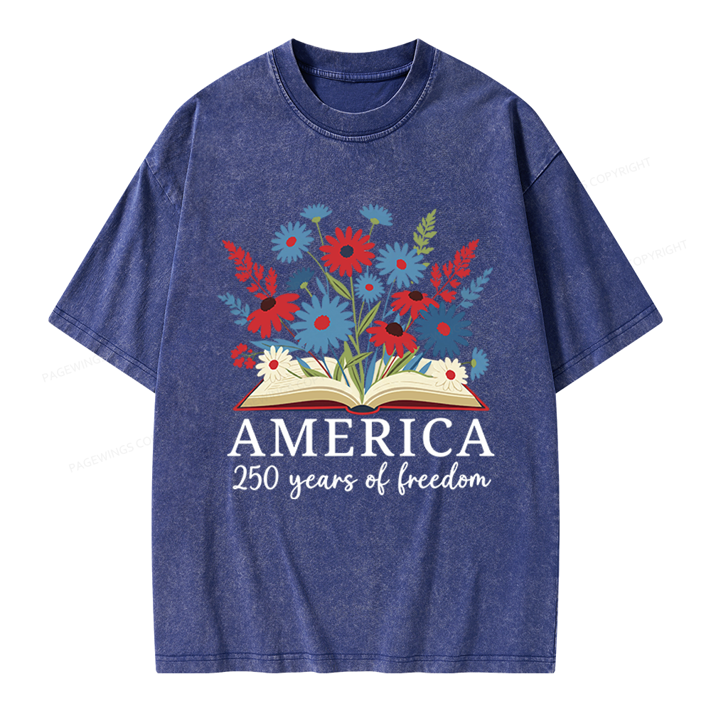 Pagewings Floral Patriotic America 250 Unisex Washed T-shirt