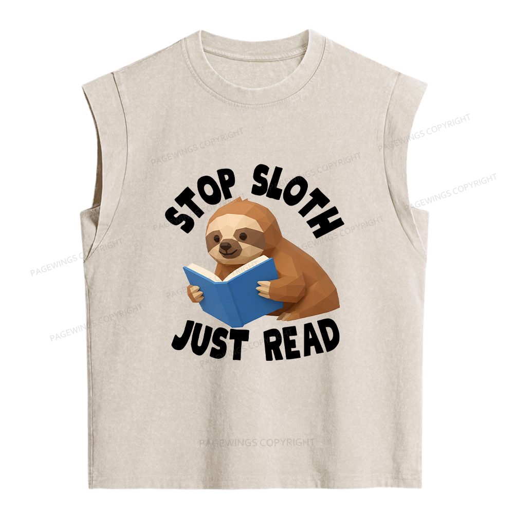 Pagewings Stop Sloth Just Read Women's Washed Tank Top
