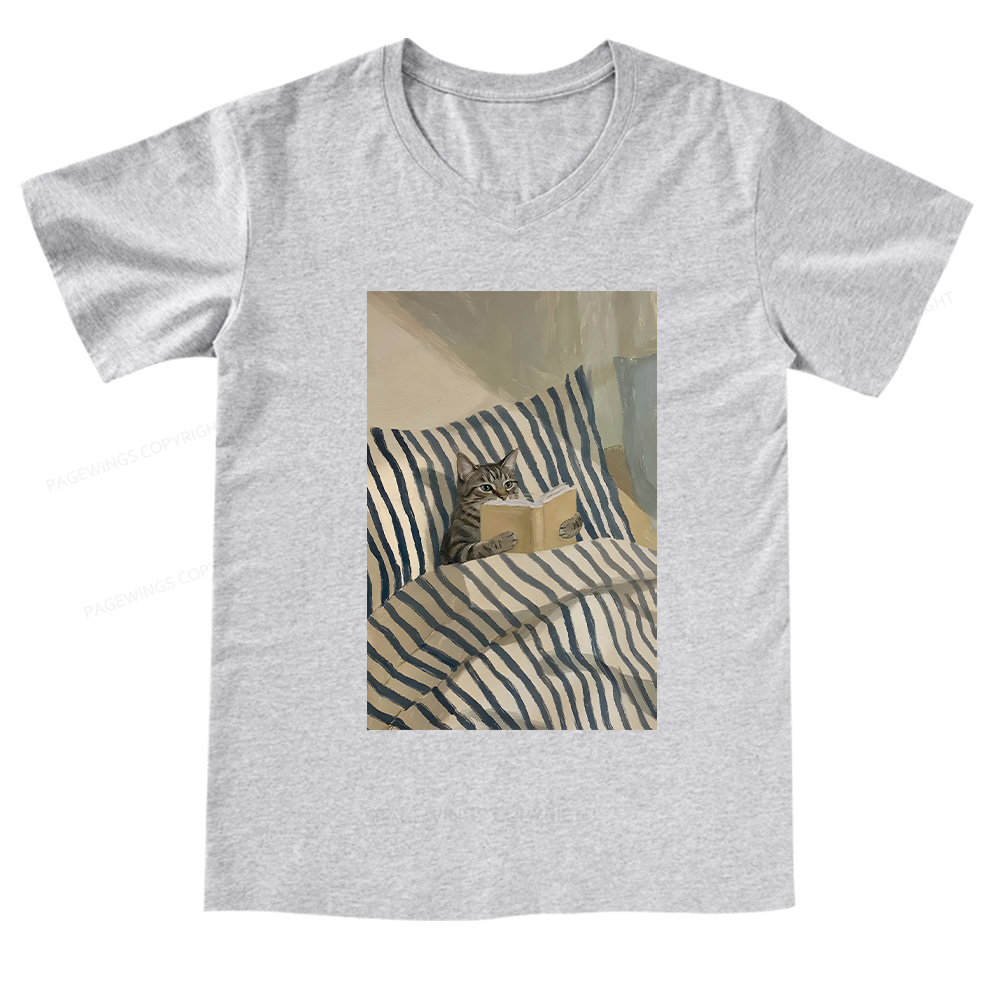 Pagewings Cat Reading Book In Bed V-neck T-shirt