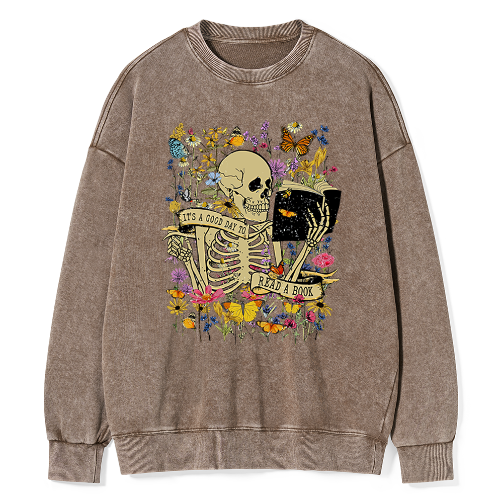 Pagewings Skull Skeleton Reading Book Unisex Washed Sweatshirt