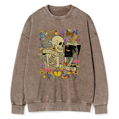 Pagewings Skull Skeleton Reading Book Unisex Washed Sweatshirt