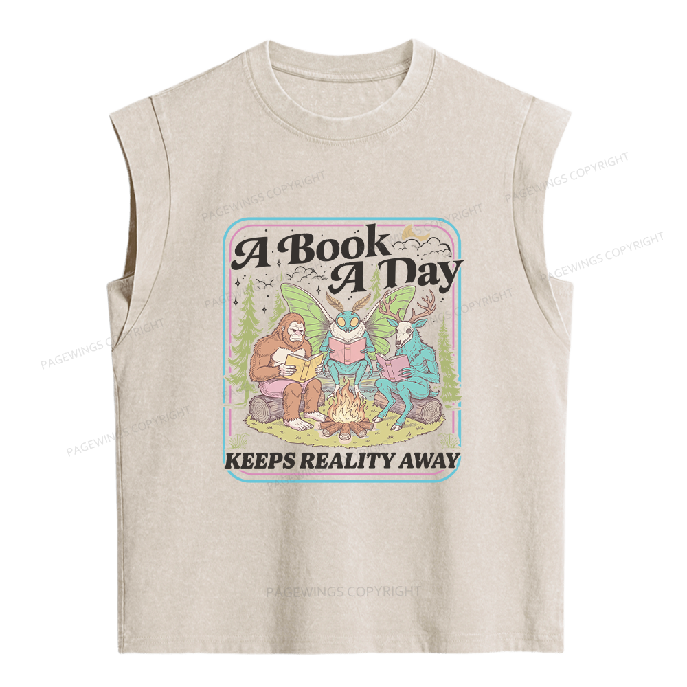Pagewings A Book A Day Keeps Reality Away Women's Washed Tank Top