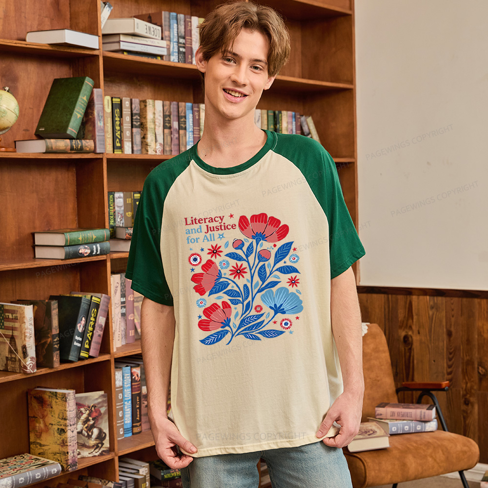 Pagewings Literacy and Justice for All Raglan T-shirt