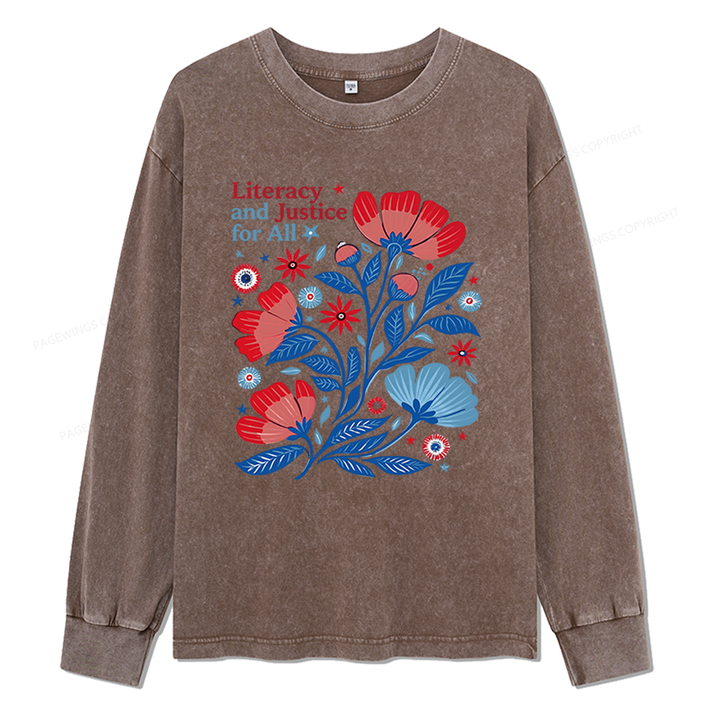Pagewings Literacy and Justice for All Unisex Washed Long Sleeve T-shirt