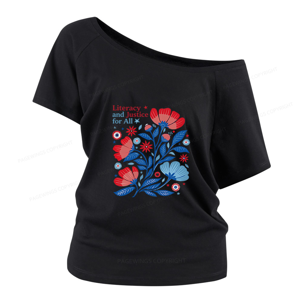 Pagewings Literacy and Justice for All Women Off Shoulder T-shirts