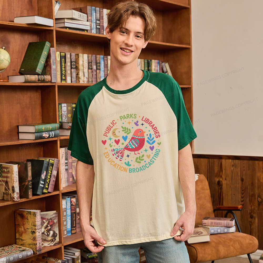 Pagewings Public Parks Libraries Education Broadcasting  Raglan T-shirt