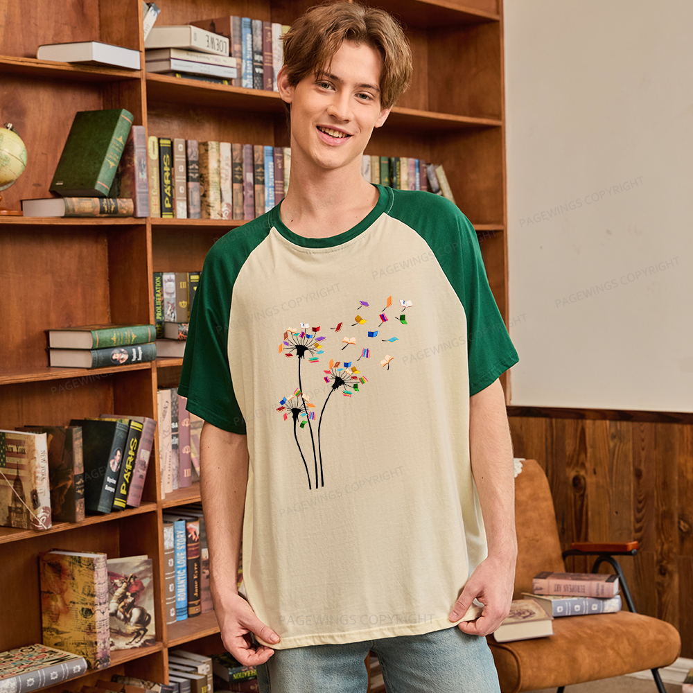 Pagewings Cute Dandelion Books Flower Fly Raglan T-shirt