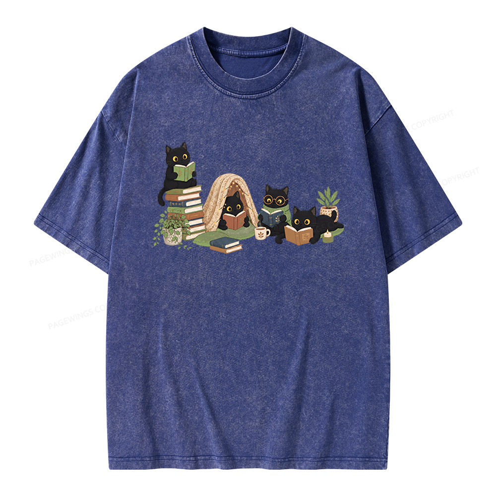 Pagewings Black Cat Reading Unisex Washed T-shirt