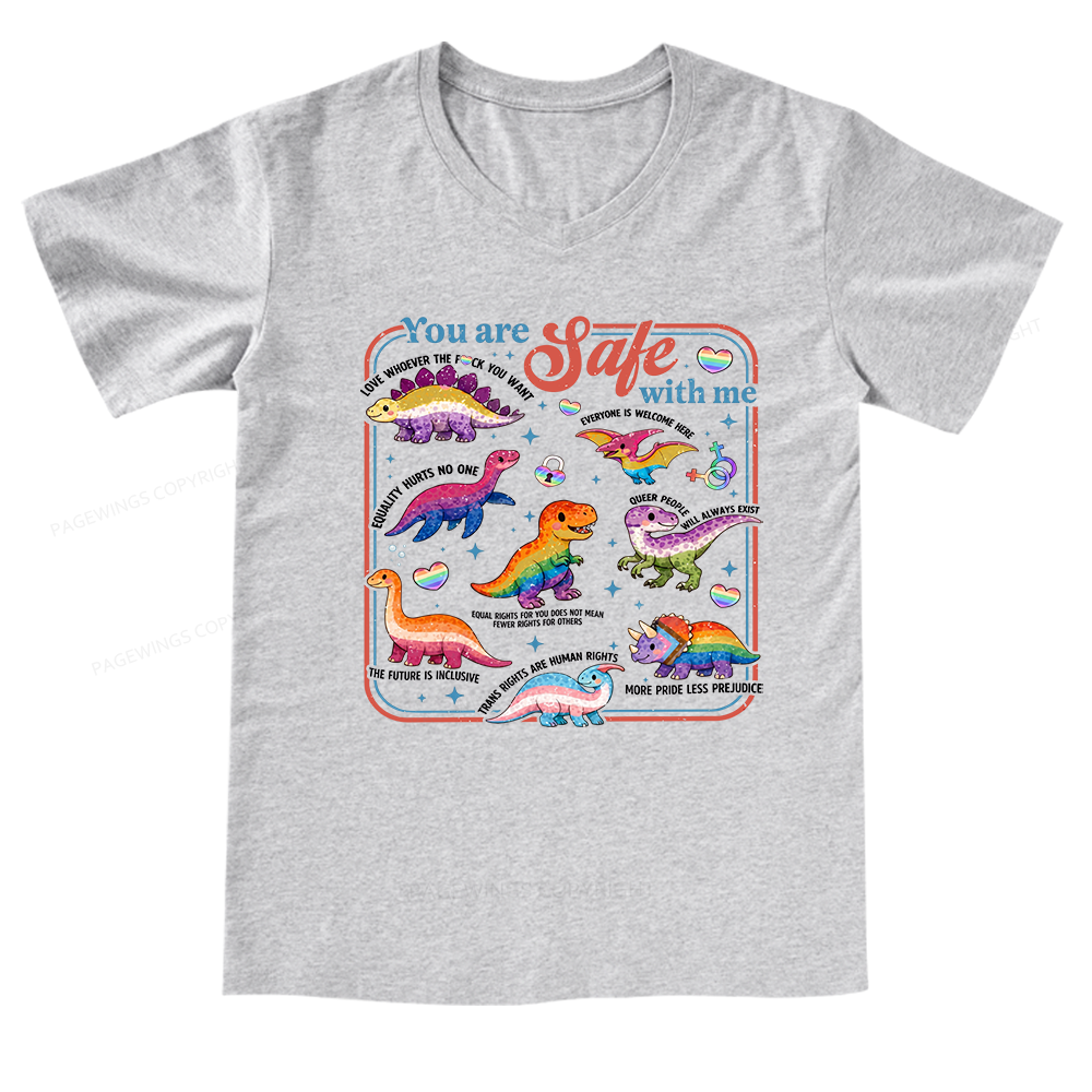 Pagewings Dinosaur Rainbow V-neck T-shirt