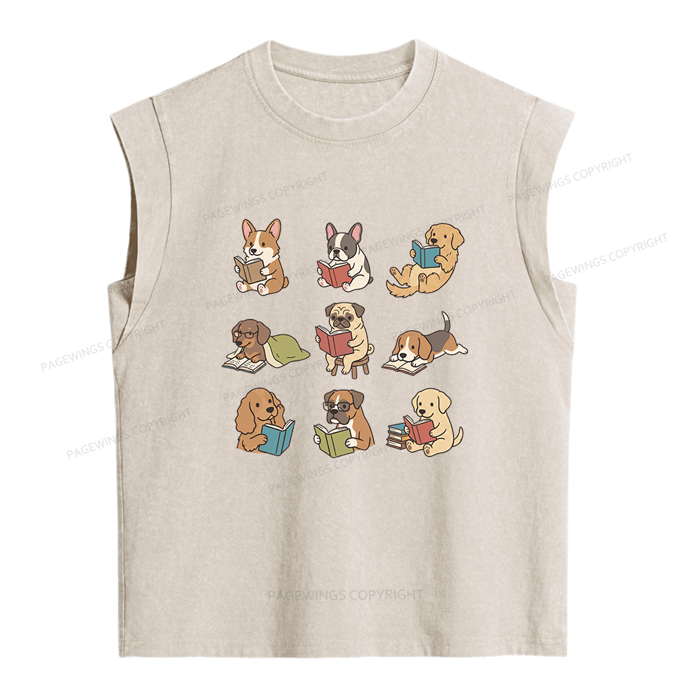 Pagewings Funny Dog Reading Women's Washed Tank Top