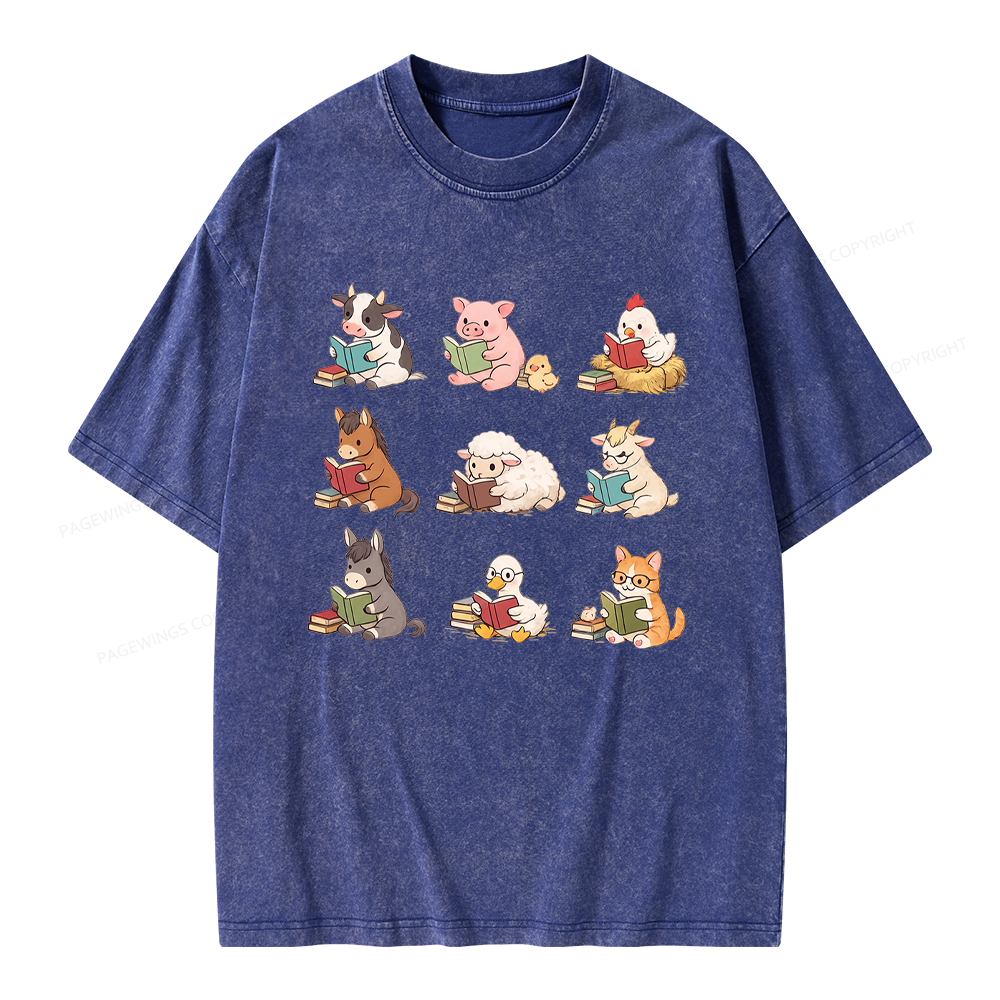 Pagewing Farm Animals Reading Unisex Washed T-shirt