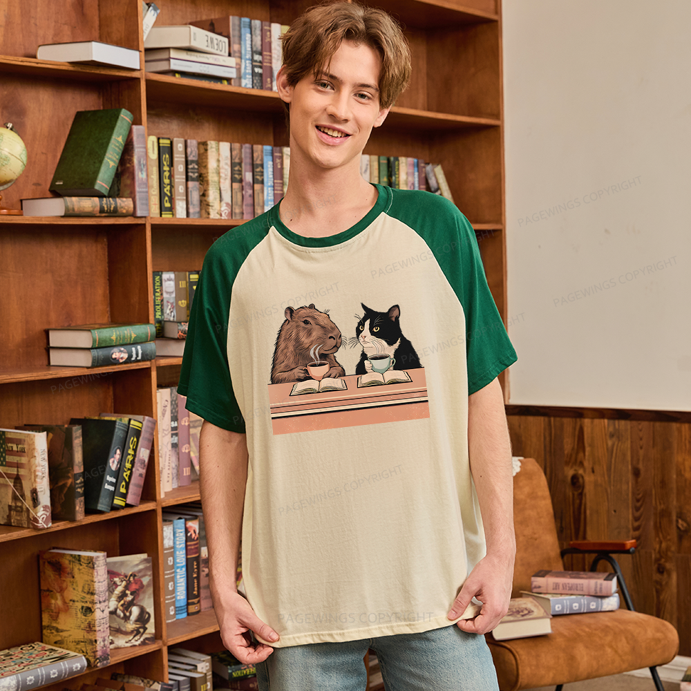 Pagewings Capybara and Tuxedo Cat 11180 Bookish Raglan T-shirt