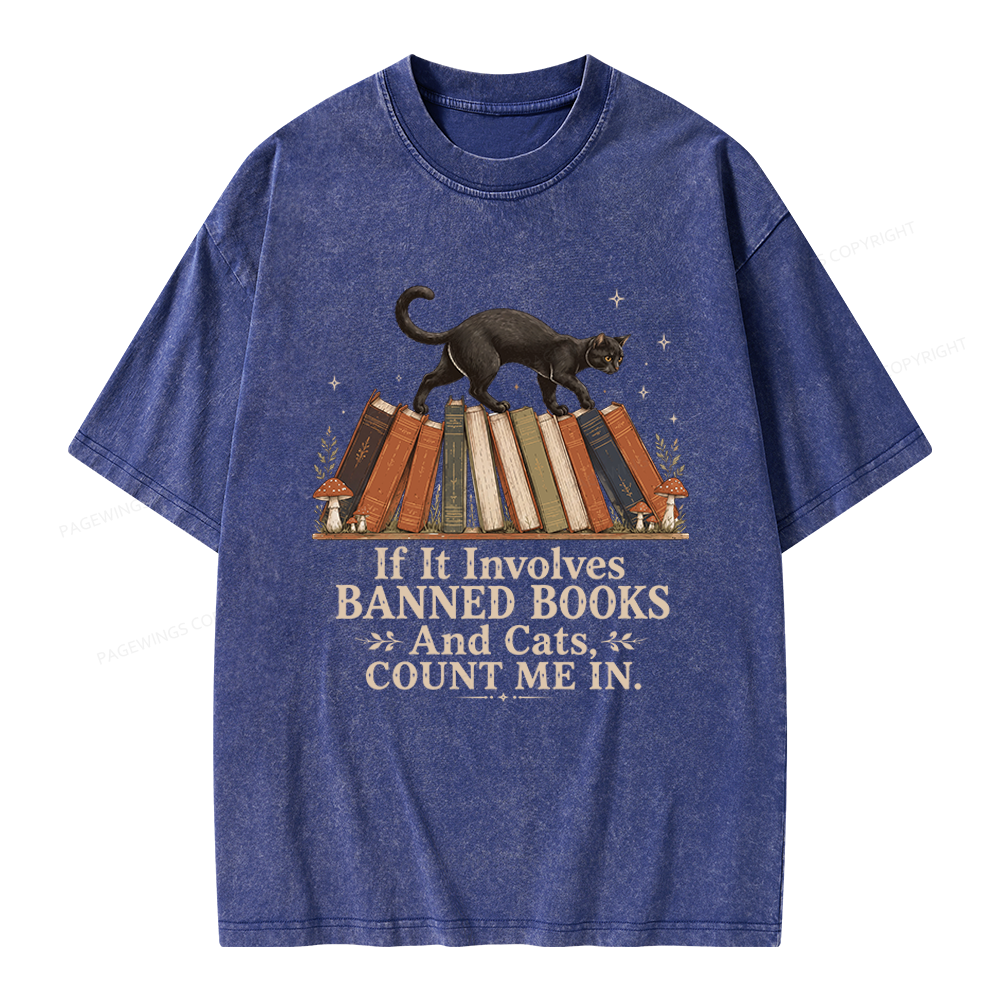 Pagewing Cat Read Banned Books Unisex Washed T-shirt