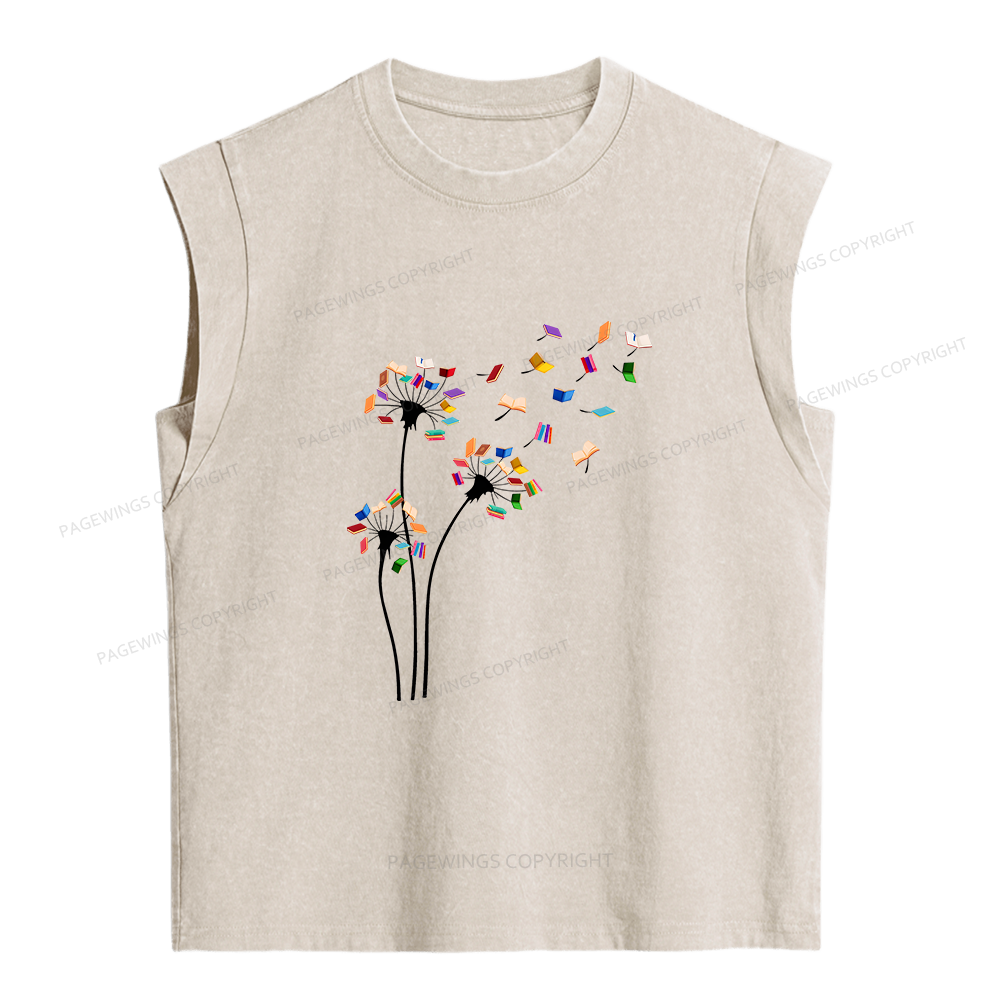 Pagewings Cute Dandelion Books Flower Fly 10035 Bookish Women's Washed Tank Top