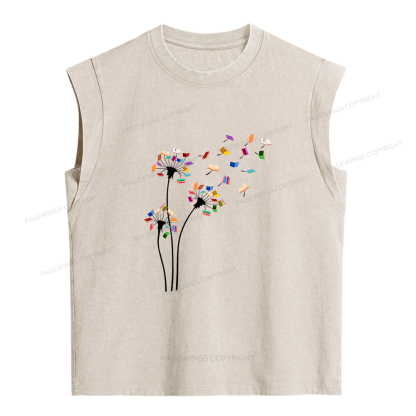 Pagewings Cute Dandelion Books Flower Fly 10035 Bookish Women's Washed Tank Top