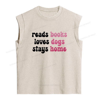 Pagewing Read Books & Lovs Dogs & Stay Home Bookish Women's Washed Tank Top