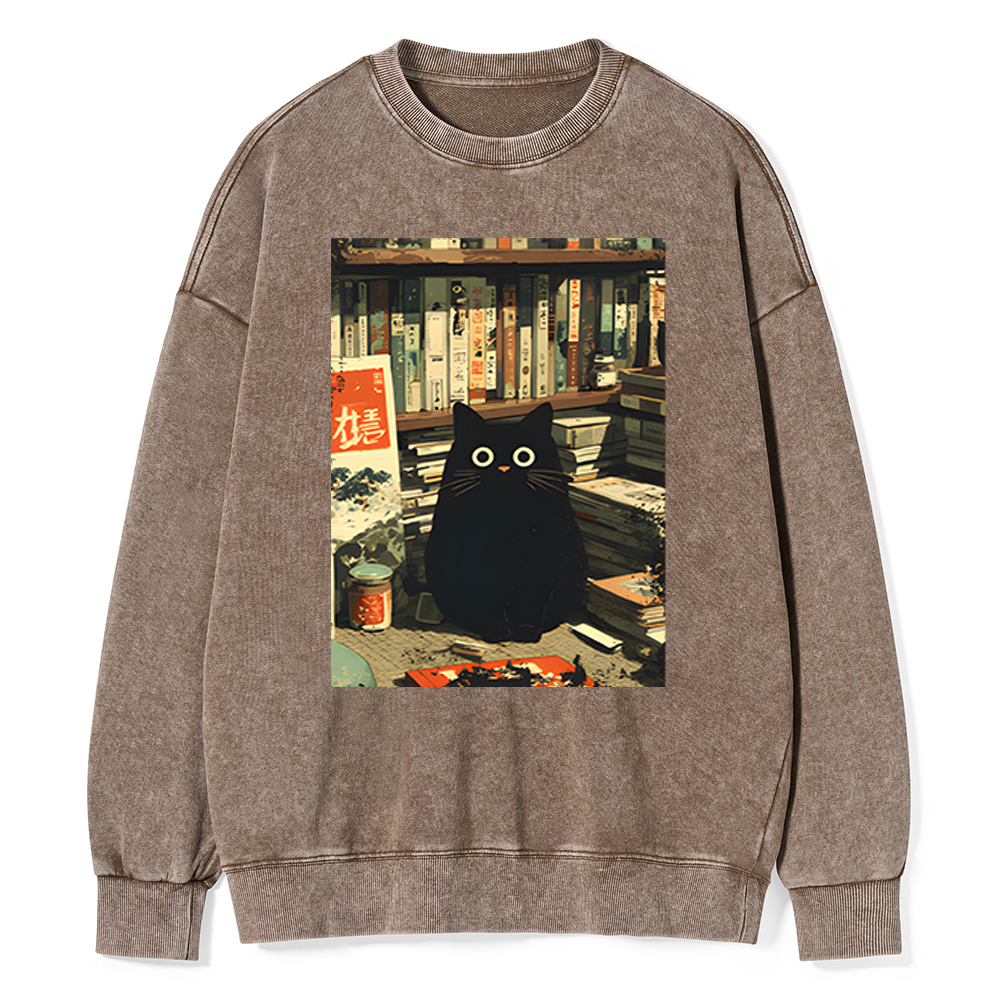 Pagewings Vintage Cat Book Lovers Unisex Washed Sweatshirt
