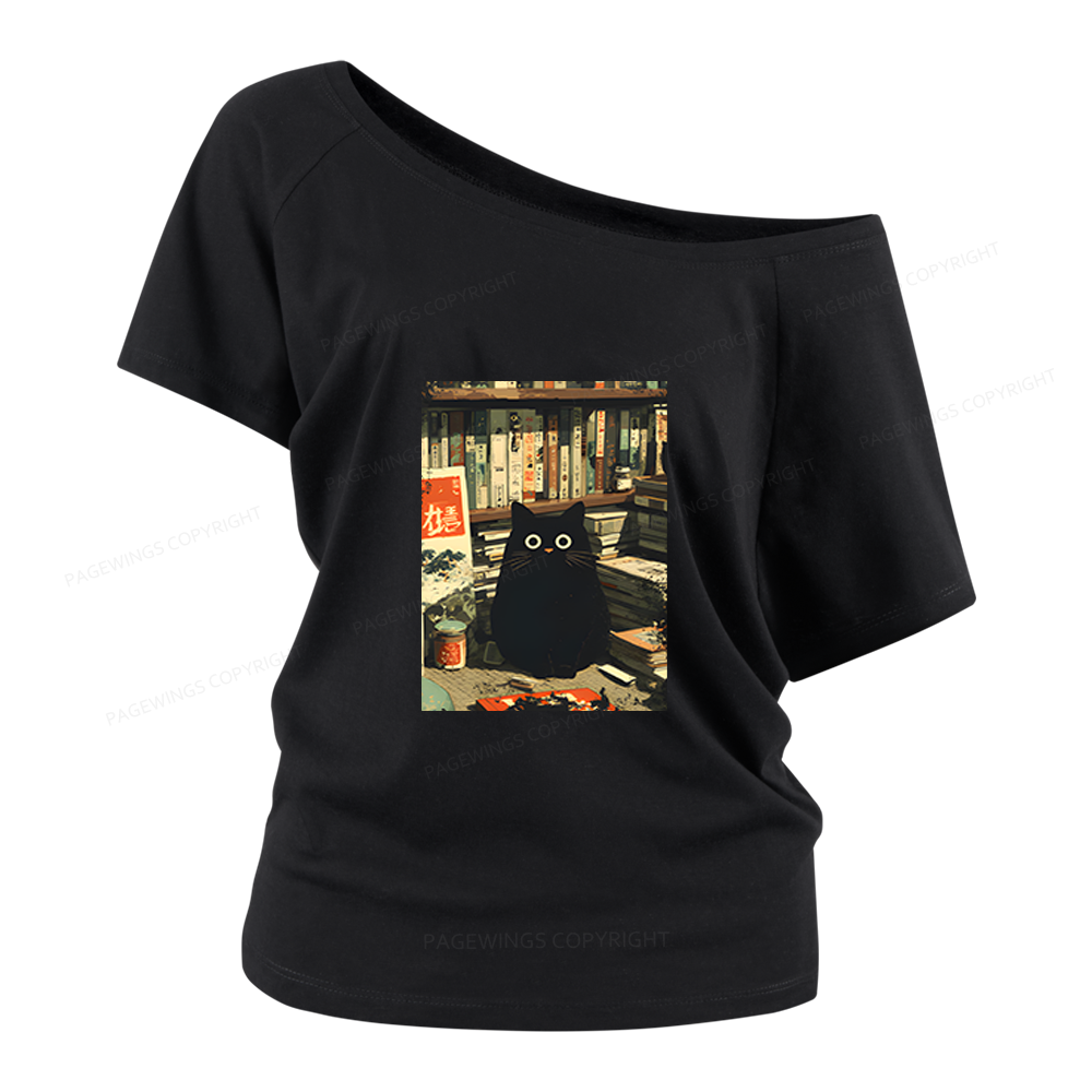 Pagewings Vintage Cat Book Lovers Women Off Shoulder T-shirts
