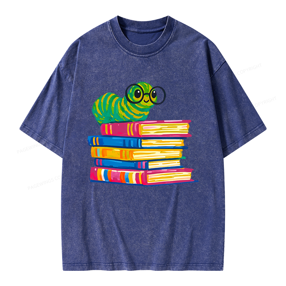 Pagewings Cute Reading Worm Unisex Washed T-shirt