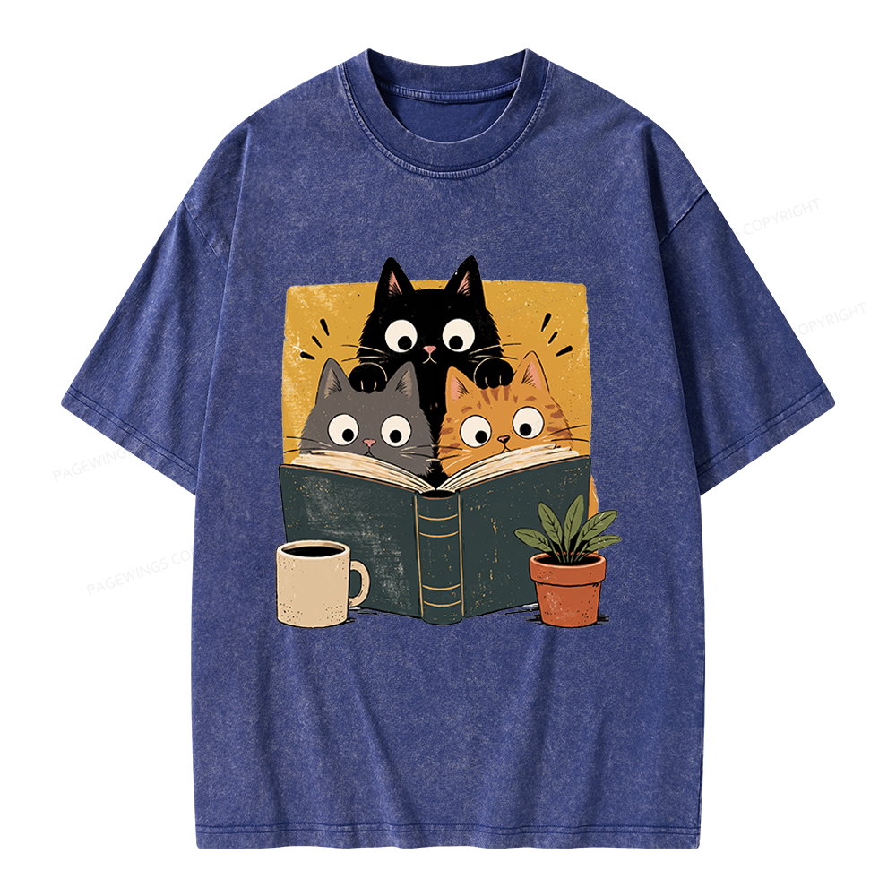 Pagewings Retro Curious Reading Cats Unisex Washed T-shirt