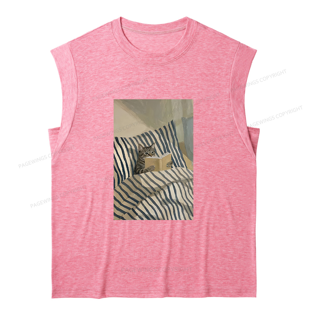 Pagewings Cat Reading Book In Bed 15459 Bookish Women's Heather Tank Top