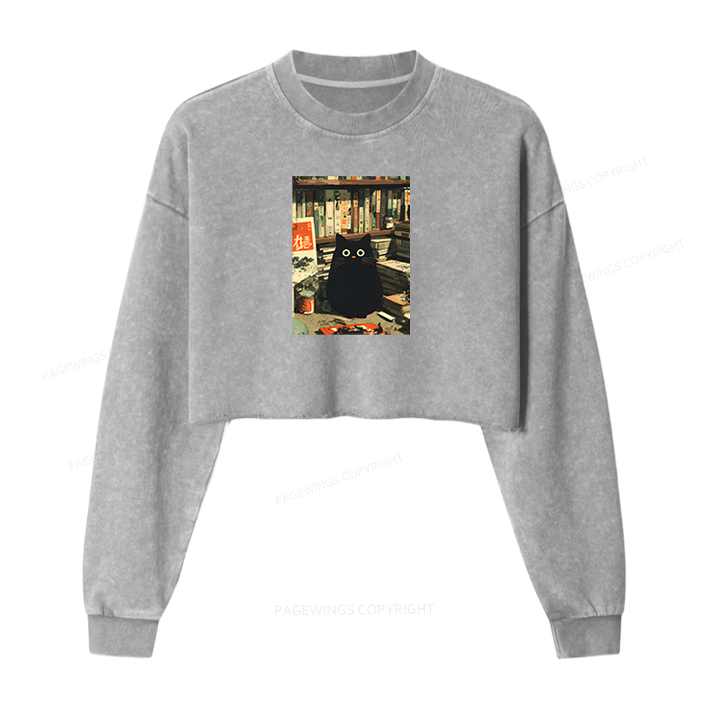 Pagewings Vintage Cat Book Lovers Washed Crop Sweatshirt