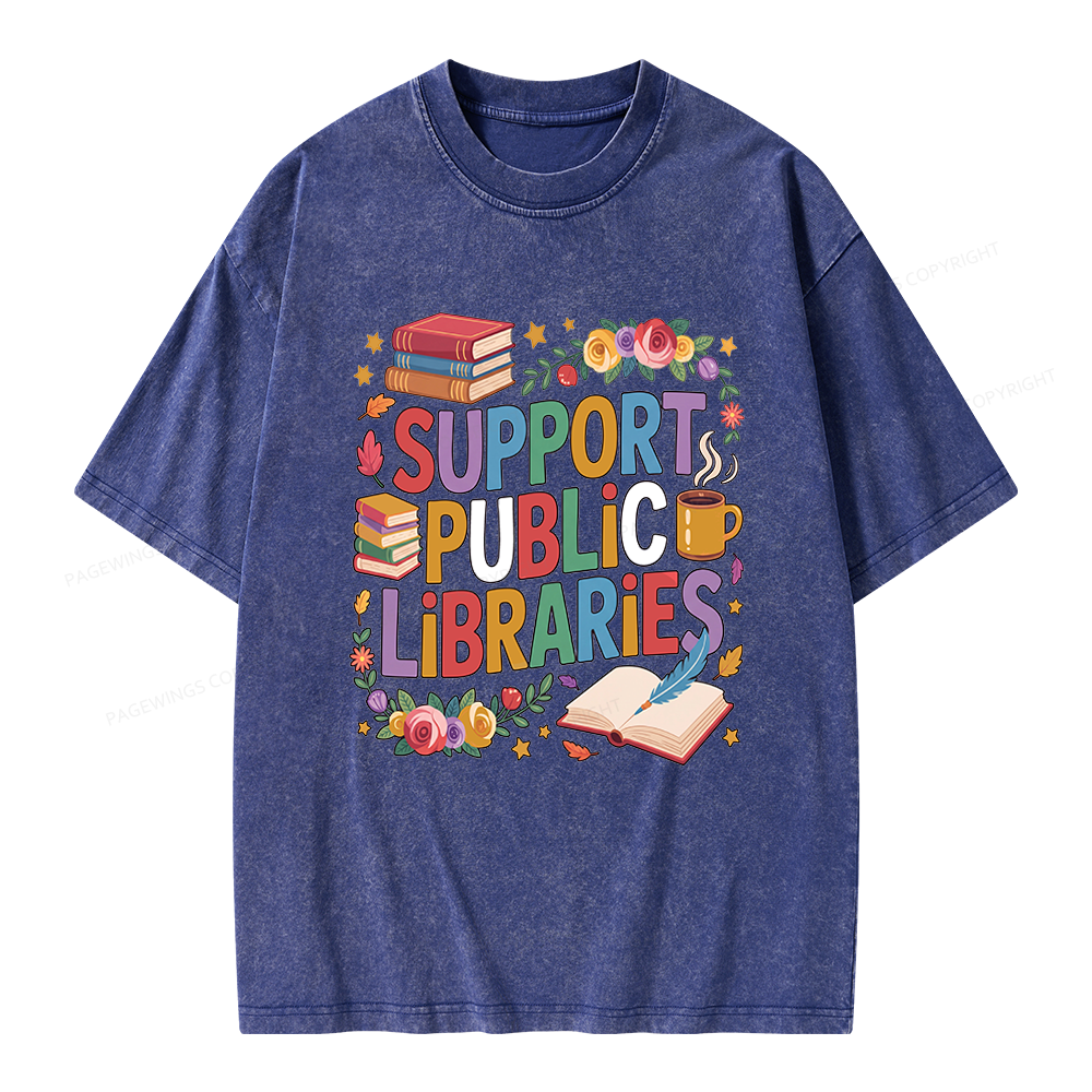 Pagewings Support Public Libraries Unisex Washed T-shirt