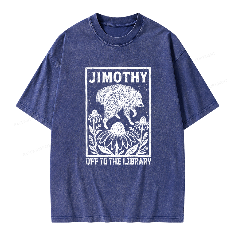 Pagewings Raccoon Meme Off To The Library Unisex Washed T-shirt