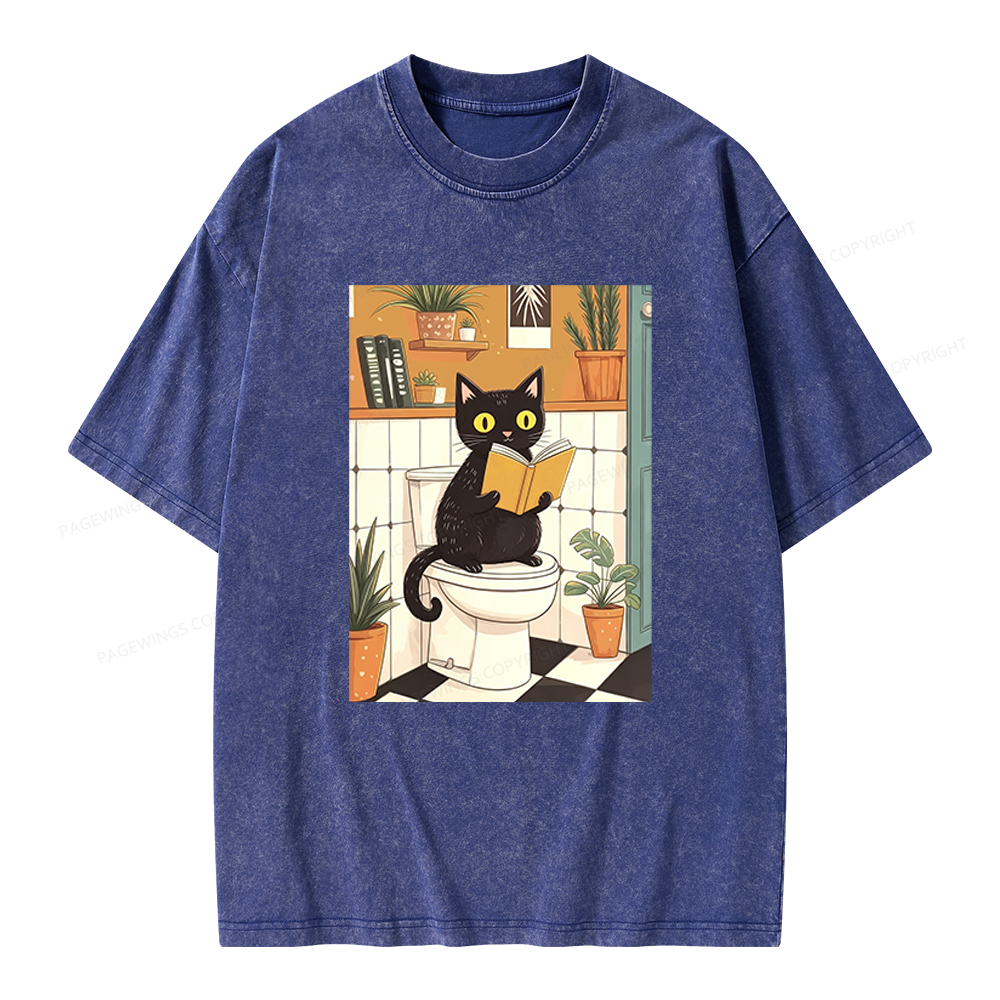 Pagewings Cat Reading on Toilet Unisex Washed T-shirt
