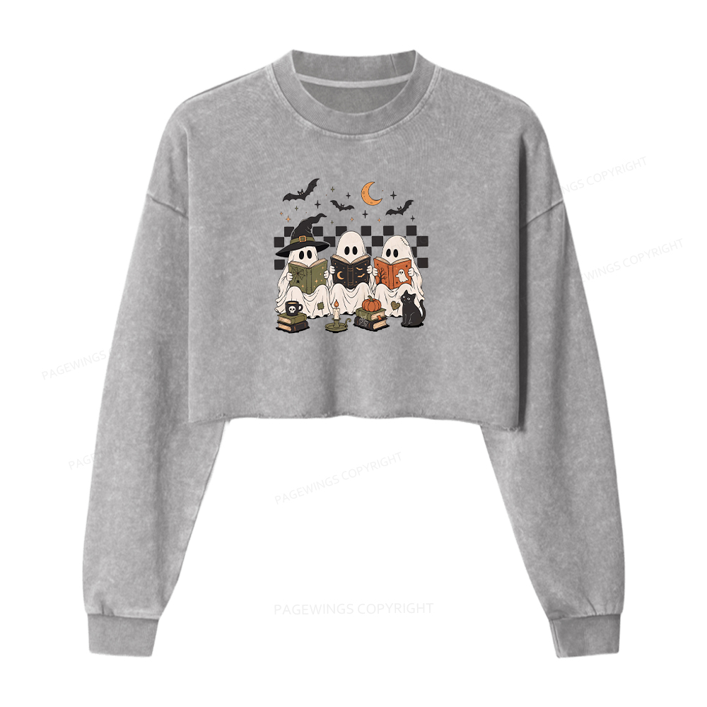 Pagewings Spooky Ghost Reading Books Washed Crop Sweatshirt