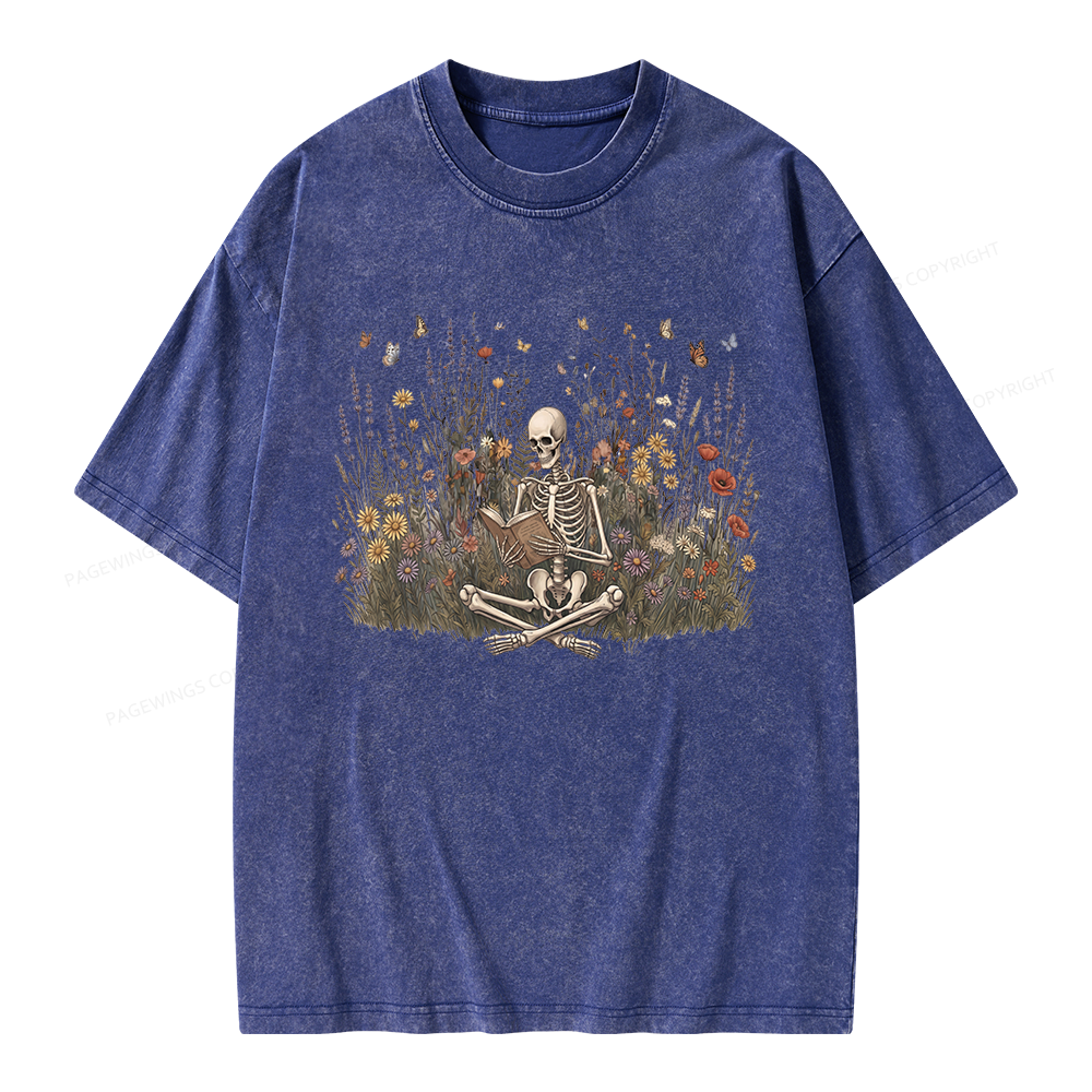 Pagewings Skeleton Reading Book Unisex Washed T-shirt