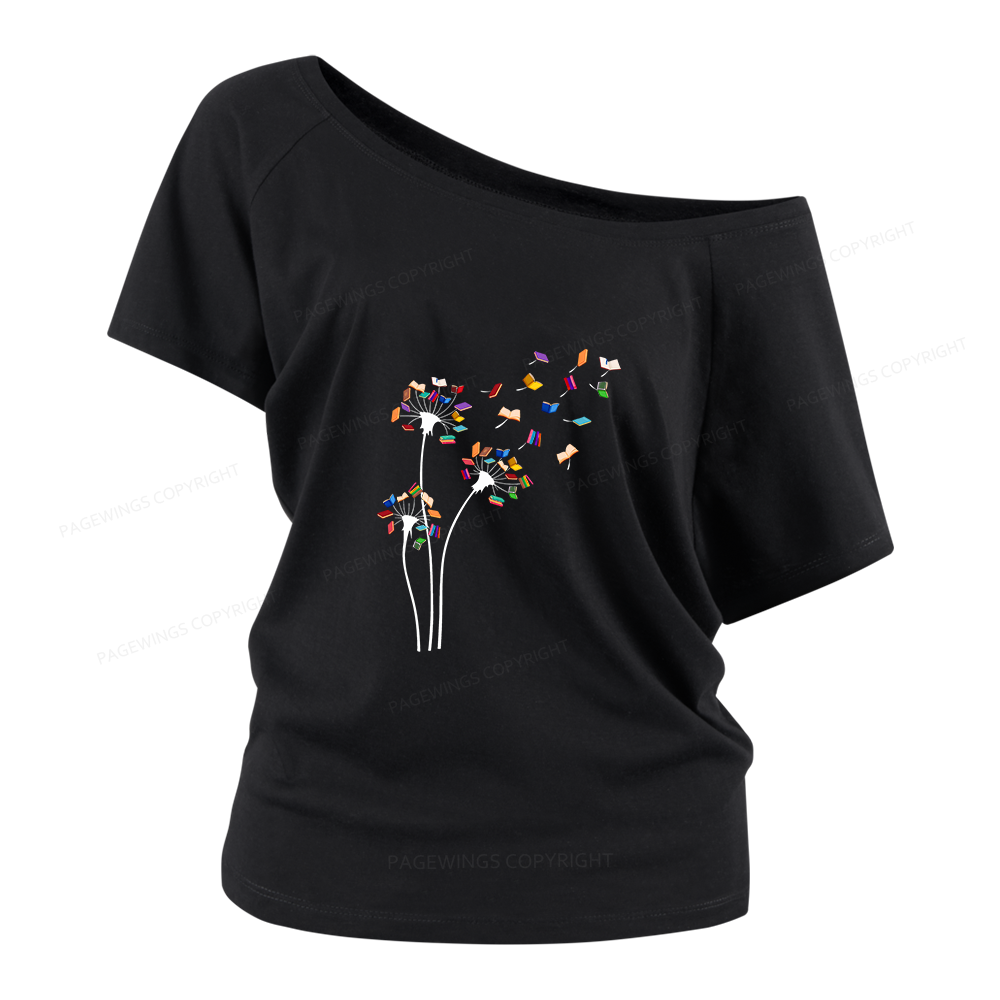 Pagewings Cute Dandelion Books Flower Fly Women Off Shoulder T-shirts