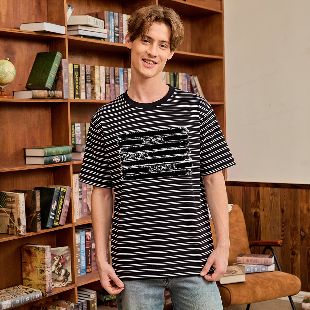 Pagewings Read Banned Books Bookworm Librarian Unisex Striped T-Shirt