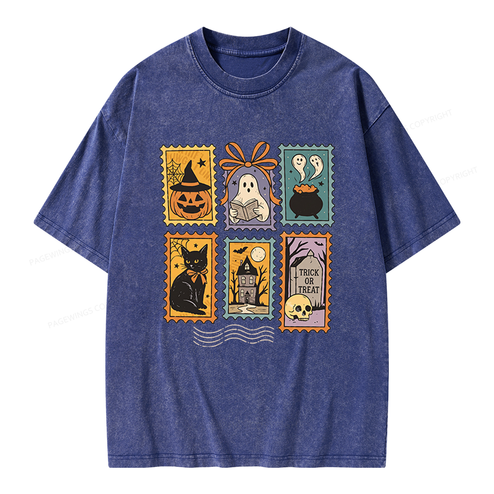 Pagewings Halloween Cute Ghost Pumpkin Cat Unisex Washed T-shirt
