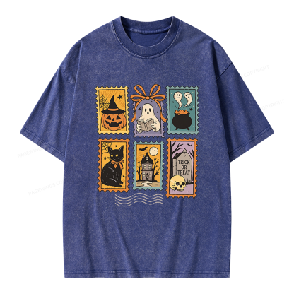 Pagewings Halloween Cute Ghost Pumpkin Cat Unisex Washed T-shirt